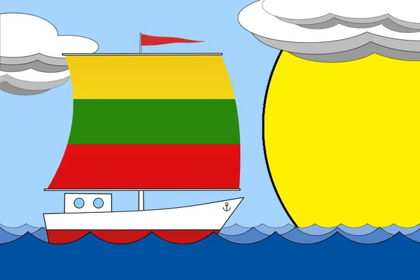 Kapal dengan layar warna bendera Lithuania mengapung di laut selama hari di bawah langit biru dengan awan dan matahari . — Stok Foto