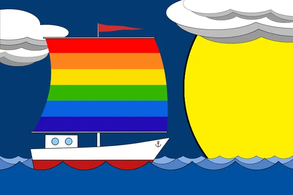 Barca a vela il colore della bandiera LGBT galleggia sul mare la sera sotto un cielo blu profondo con nuvole e sole . — Foto Stock