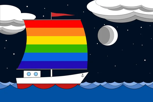 Barca a vela il colore della bandiera LGBT galleggia sul mare di notte sotto il cielo stellato nero con nuvole e luna . — Foto Stock