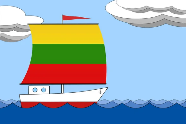 Schiff mit Segel in der Farbe der litauischen Flagge schwimmt tagsüber auf dem Meer unter blauem Himmel mit Wolken. — Stockfoto