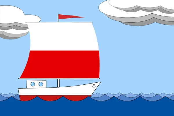 Polonya bayrağının rengi nde bir yelkenli gemi, gün boyunca bulutlar ile mavi bir gökyüzü altında denizde yüzer. — Stok fotoğraf