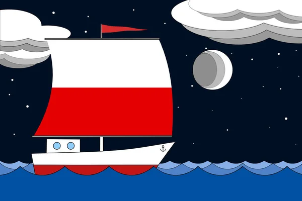 Båt med segel färgen på Polen sjunker flyter på havet på natten under den svarta stjärnhimmel med moln och måne. — Stockfoto
