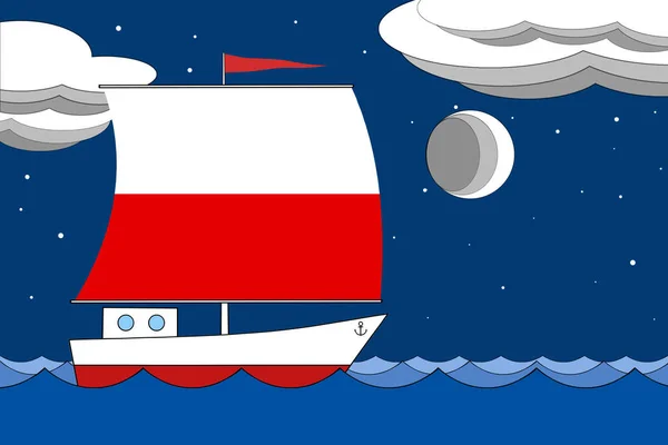 Łódź z żaglem kolor flagi Polski unosi się nad morzem wieczorem pod głębokim błękitnym niebem z chmurami i księżycem. — Zdjęcie stockowe