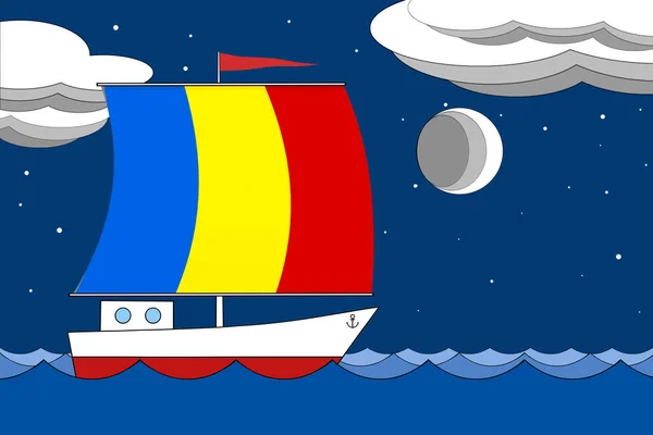 Boot mit einem Segel in der Farbe der rumänischen Flagge schwimmt am Abend auf dem Meer unter einem tiefblauen Himmel mit Wolken und dem Mond. — Stockfoto