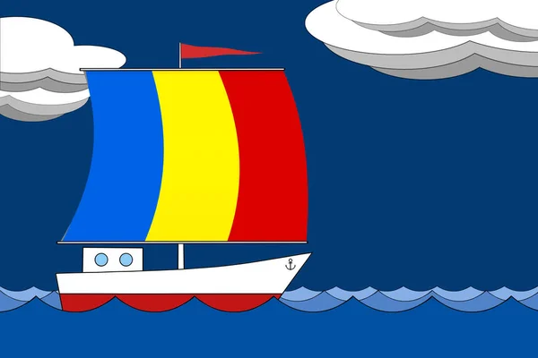 Boat with a sail the color of the flag of Romania floats on the sea in the evening under a dark blue sky with clouds. — Stock Photo, Image