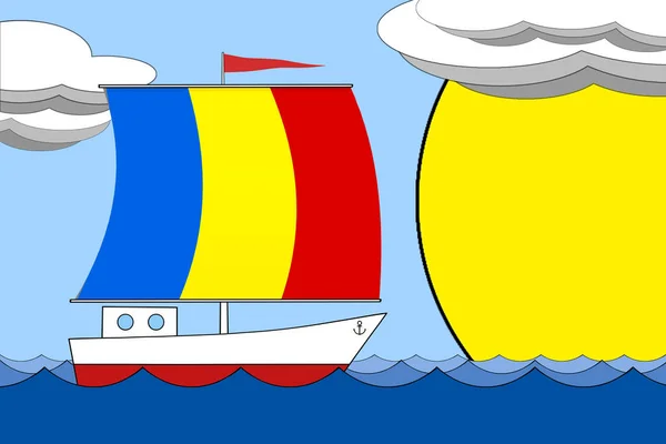 Schip met een zeil de kleur van de vlag van Roemenië drijft op de zee gedurende de dag onder een blauwe hemel met wolken en zon. — Stockfoto