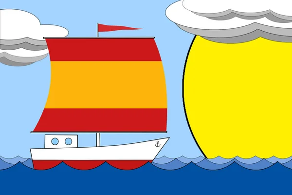 Schip met een zeil de kleur van de vlag van Spanje drijft op de zee gedurende de dag onder een blauwe hemel met wolken en zon. — Stockfoto
