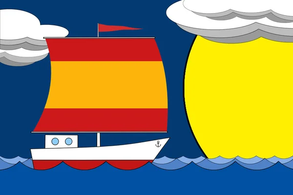 Bateau avec une voile de la couleur du drapeau de l'Espagne flotte sur la mer dans la soirée sous un ciel bleu profond avec des nuages et du soleil . — Photo