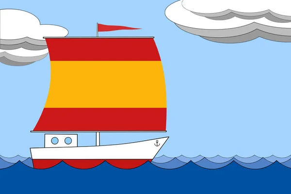 Statek z żaglem kolor flagi Hiszpanii unosi się na morzu w ciągu dnia pod błękitne niebo z chmur. — Zdjęcie stockowe
