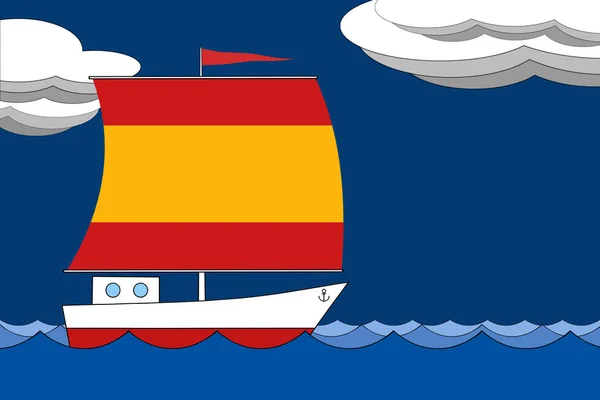 Boot mit einem Segel in der Farbe der spanischen Flagge schwimmt am Abend auf dem Meer unter einem dunkelblauen Himmel mit Wolken. — Stockfoto