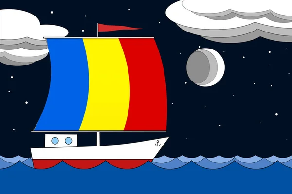 Člun s plachtou barvou vlajky Rumunska pluje v noci pod černou hvězdovou oblohou s mraky a měsícem. — Stock fotografie