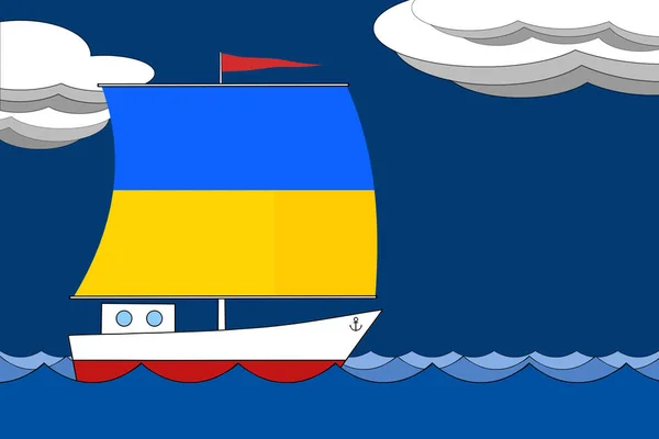 Barca a vela il colore della bandiera dell'Ucraina galleggia sul mare la sera sotto un cielo blu scuro con nuvole . — Foto Stock