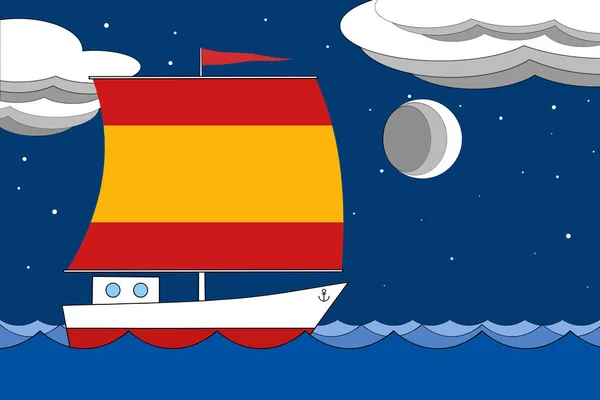 Лодка с парусом цвета флага Испании плавает по морю вечером под глубоким голубым небом с облаками и луной . — стоковое фото