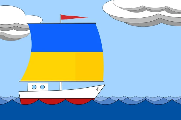 Ship with a sail the color of the flag of Ukraine floats on the sea during the day under a blue sky with clouds. — Stock Photo, Image