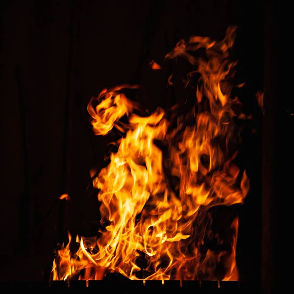 Llama de fuego brillante sobre un fondo oscuro. Fuego ardiendo por la noche. Un fuego en la parrilla, chimenea y hogar . —  Fotos de Stock