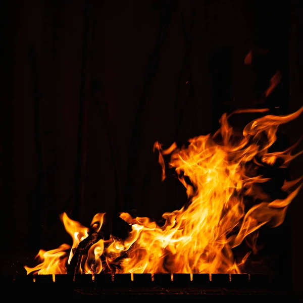 Llama de fuego sobre un fondo oscuro. Quema fuego por la noche en la parrilla. Hoguera en la barbacoa, chimenea y hogar . —  Fotos de Stock