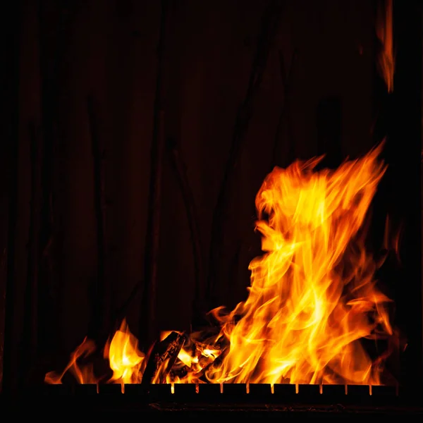 Fuego. Luminoso fuego ardiente por la noche. Hoguera en la barbacoa, chimenea y hogar . —  Fotos de Stock