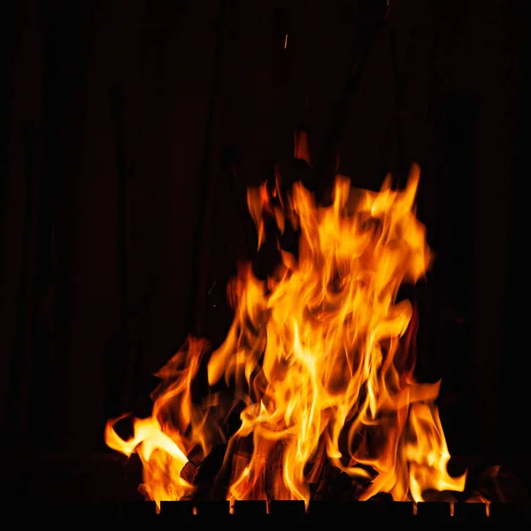 Llama de fuego. Hoguera en la barbacoa, chimenea y una casa caliente. Fuego ardiente por la noche . — Foto de Stock