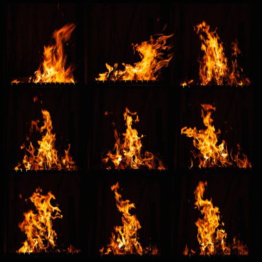 Ateş ateşi koleksiyonu. Geceleri güçlü bir ateş yanıyor. Barbeküde, şöminede ve ocakta şenlik ateşi.