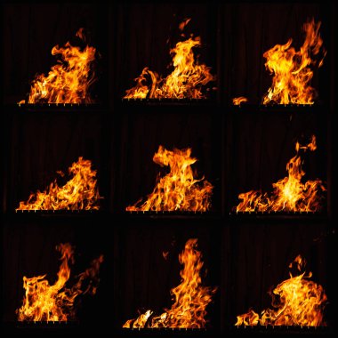 Karanlık arka plan koleksiyonunda yangın alevi. Gece ızgarada yanan ateş. Barbeküde, şöminede ve ocakta şenlik ateşi. 