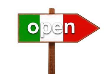 İtalya 'daki COVID-19 koronavirüs salgını sırasında karantina sona erdi. Üzerinde İtalya bayrağı olan tabelada açık yazı var. Salgın ölçümleri.