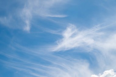 Gökyüzündeki bulutlar. Rüzgarlı havada beyaz bulutlu mavi gökyüzü. Doğal manzara arka planı. Düzenleme ve tasarım için güzel duvar kağıdı.