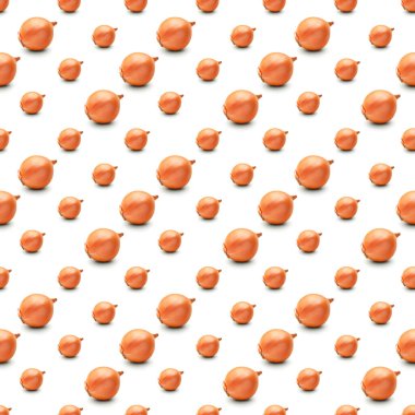 Beyaz arka planda renksiz soğan deseni. Soyulmamış soğan. Geometrik pop sanat kompozisyonu. Yaratıcı asgari yaz yatağı. Pankart.