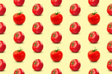Sarı arka planda domateslerin renksiz deseni. Kırmızı domatesler geometrik pop sanat kompozisyonu. Yaratıcı asgari yaz yatağı. Pankart.