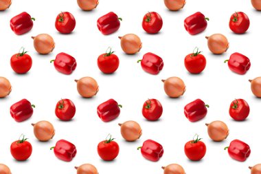 Beyaz arka planda renksiz sebze deseni. Tatlı kırmızı biber, soğan ve domates. Geometrik pop sanat kompozisyonu. Yaratıcı asgari yaz yatağı. Pankart.