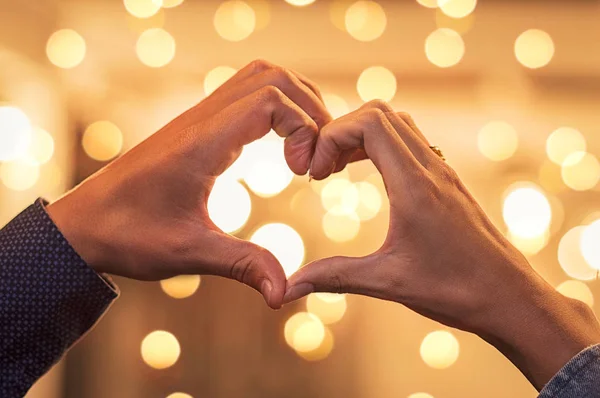 Closeup Man Woman Hands Making Heart Symbol Heart Shape Made — Stock Photo, Image