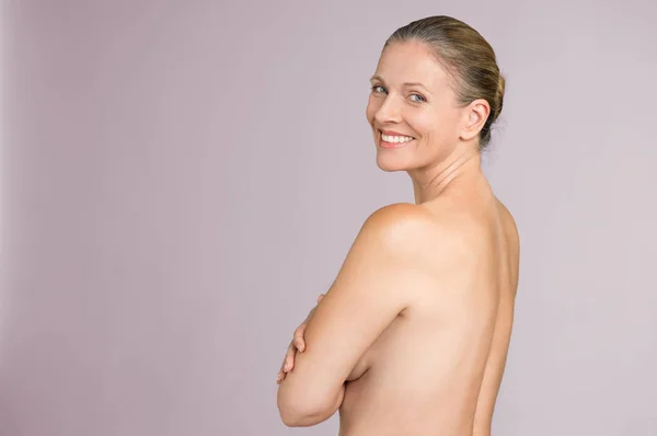 Senior Woman Showing Naked Back Looking Camera Happy Mature Woman — Stock Photo, Image