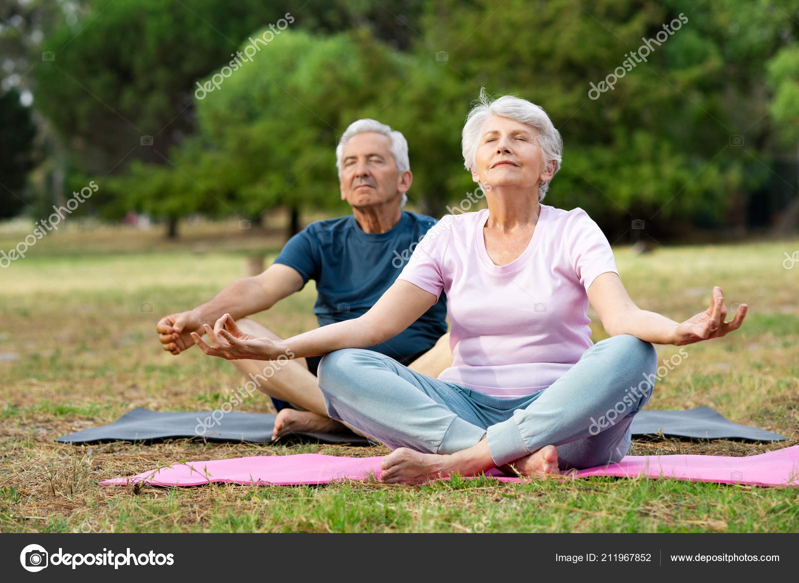 Old Couple Relaxing While Sitting Lotus Pose Senior Man Elderly Stock ...