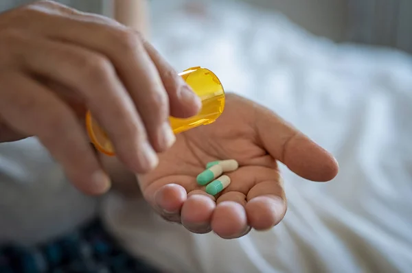 Closeup Man Hand Pouring Capsules Pill Bottle Hand Senior Man — Stock Photo, Image