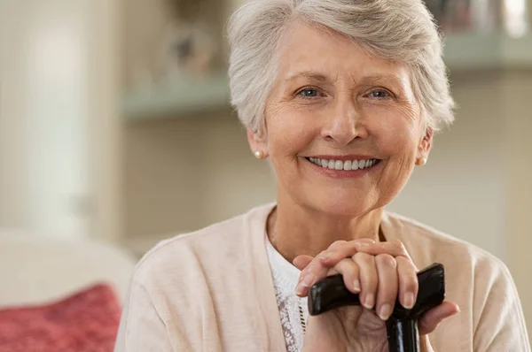Retired Woman Her Wooden Walking Stick Home Happy Senior Woman — Stock Photo, Image