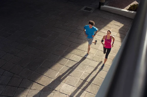 Paare Die Stadtgebiet Fitness Und Joggen Betreiben Blick Aus Der — Stockfoto