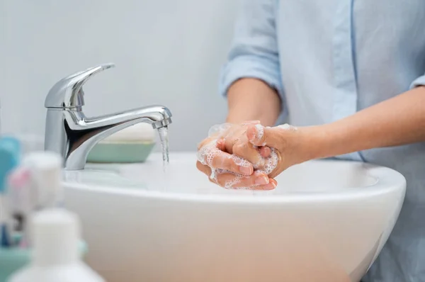 Closeup Woman Applying Soap While Washing Hands Basin Open Tap — Stock Photo, Image