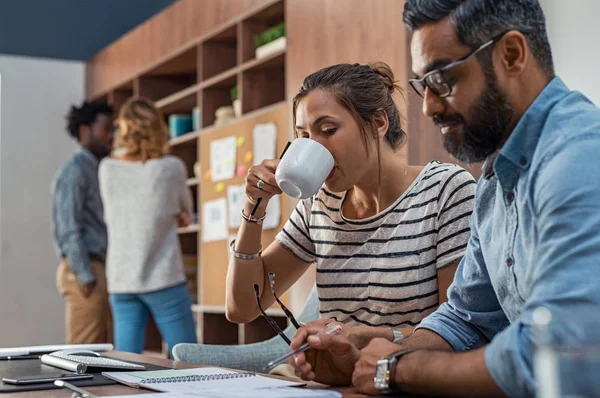 Young Coworkers Working Together Modern Office Young Woman Casual Drinking — Stock Photo, Image