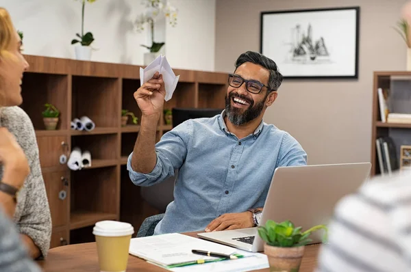 Cheerful Mature Business Man Playing Paper Plane Office Team Designers — Stock Photo, Image