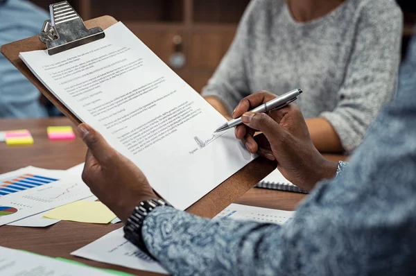 Closeup African American Businessman Signing Contract Meeting Hands Black Man — Stock Photo, Image