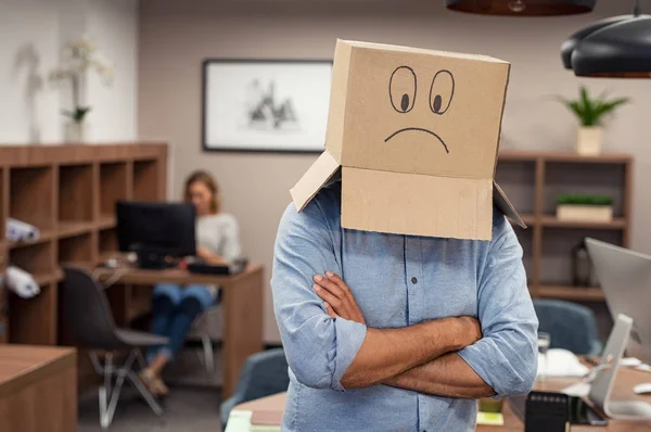 Businessman Hiding Face Cardboard Box Sad Depressed Smile Mature Man — Stock Photo, Image