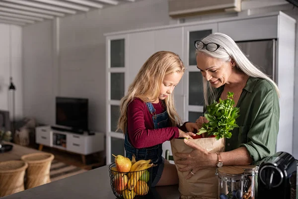 Nagymama és a lány gazdaságban élelmiszerbolt bevásárlótáska — Stock Fotó