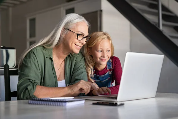 Neta e mulher idosa usando laptop — Fotografia de Stock