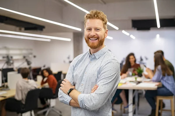 Happy Successful Businessman Standing Office Looking Camera Portrait Mid Adult — Stock Photo, Image