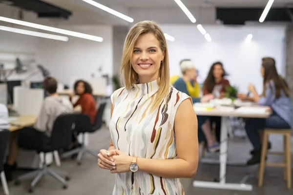 Portrait Beautiful Business Woman Looking Camera While Business Team Working — Stock Photo, Image