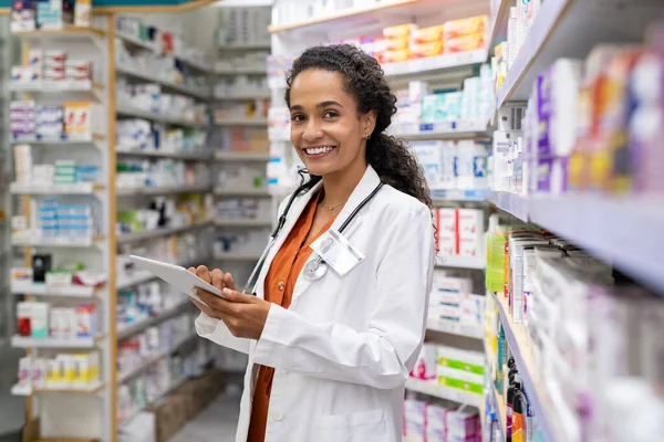 Happy Friendly Multiethnic Pharmacist Doing Inventory Provided Modern Pharmacy While — Stock Photo, Image