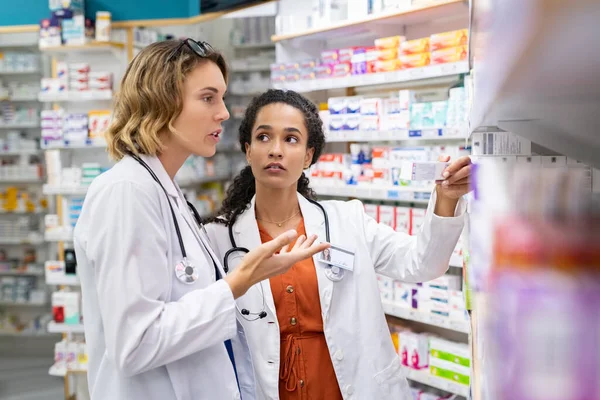 Two Multiethnic Pharmacists Checking Inventory Hospital Pharmacy Staff Working Drugstore — Stock Photo, Image