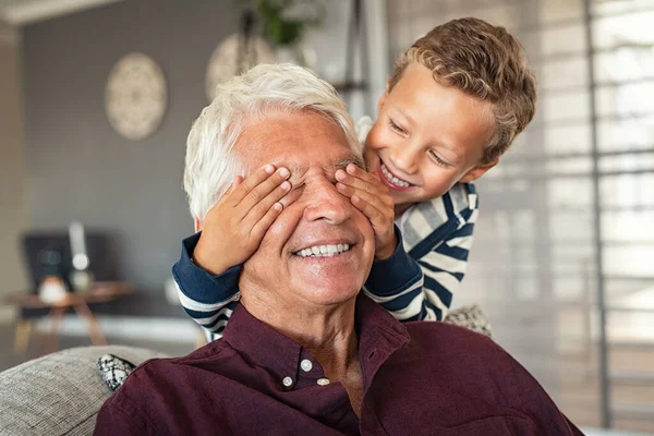 快乐的小男孩在家里玩耍的时候用手捂住祖父的眼睛 快乐的孙子在家里和老人玩捉迷藏 顽皮的孩子用灰白的头发蒙住祖父的眼睛 猜猜是谁在玩游戏 — 图库照片
