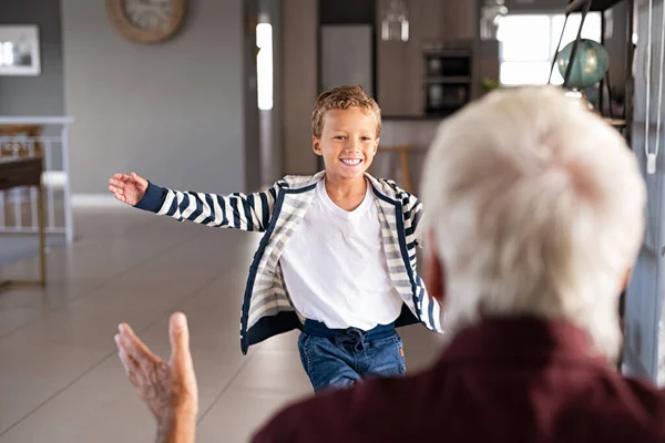 Joyful Boy Running Hug His Old Grandfather School Happy Smiling — Stock Photo, Image