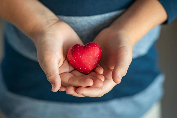 Gros Plan Mains Garçon Tenant Une Forme Coeur Rouge Vue — Photo