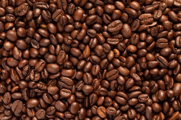 Rostade Kaffebönor Bakgrund Gyllene Kaffebönor Nyrostade Och Redo Att Förbereda — Stockfoto